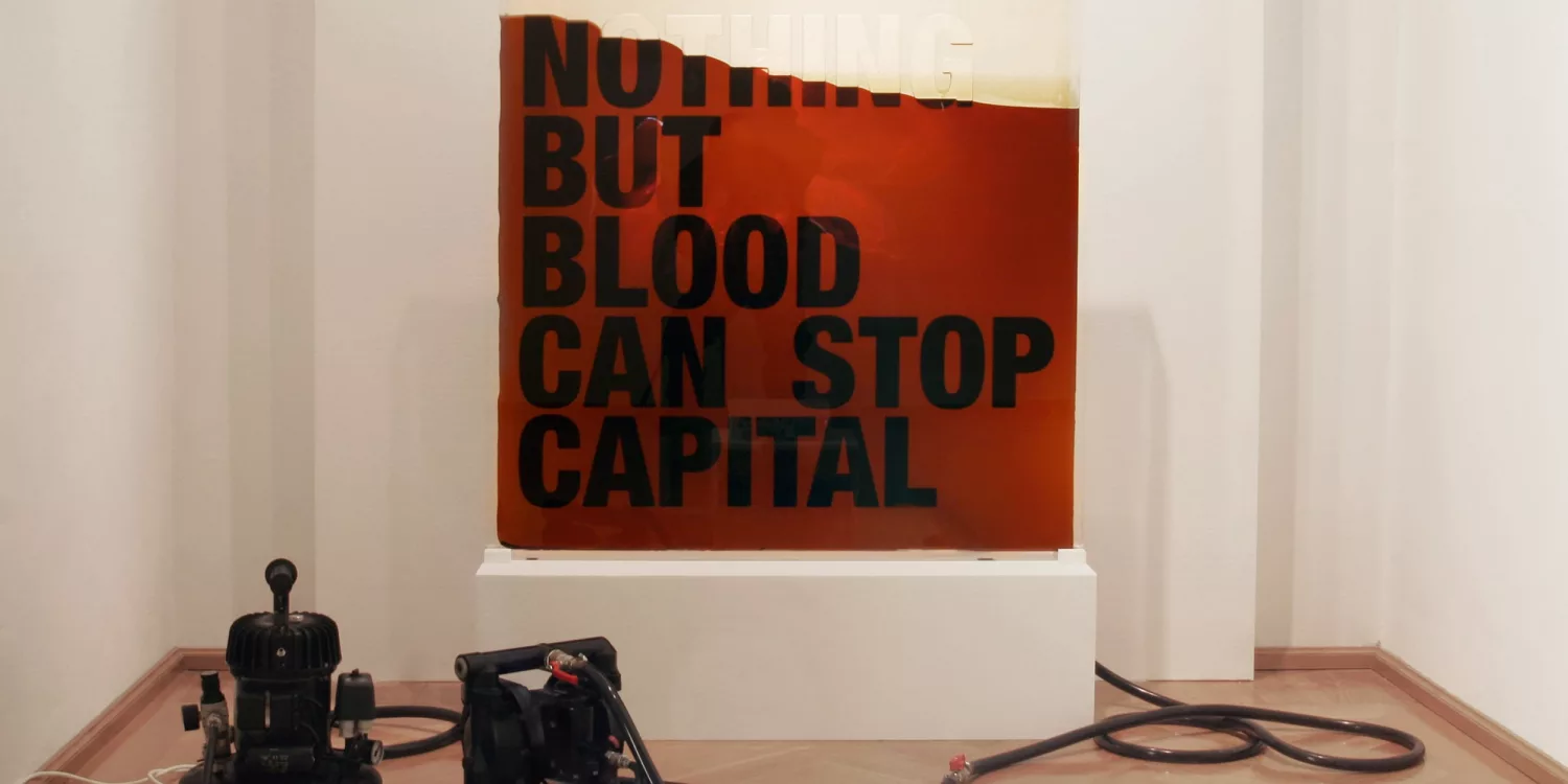 The Foundry, utopian art space | Andrei Molodkin, Untitled Acrylic block and plastic hoses filled with crude oil, pump, compressor, 120x120x5cm, Museum Villa Stuck, Munich, 2012 | SPOON Magazine