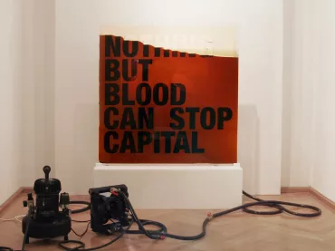 The Foundry, utopian art space | Andrei Molodkin, Untitled Acrylic block and plastic hoses filled with crude oil, pump, compressor, 120x120x5cm, Museum Villa Stuck, Munich, 2012 | SPOON Magazine